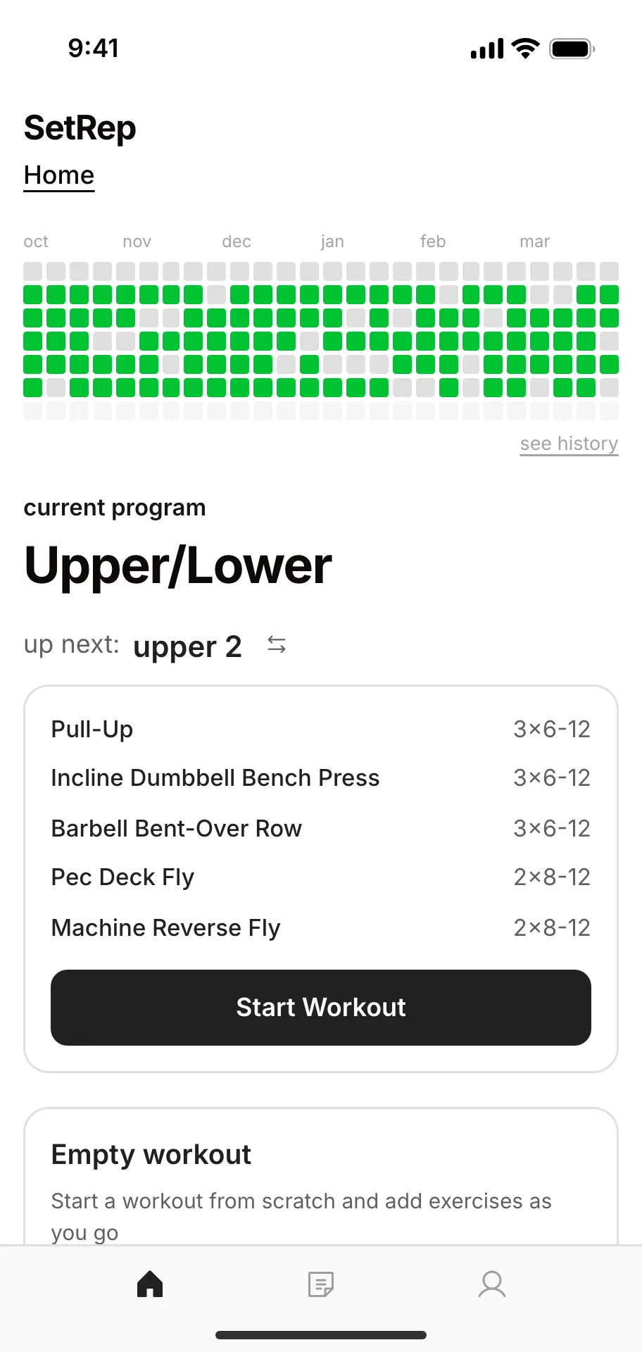 SetRep's home screen: a six-month training heatmap, the current program and the next workout ready to start.