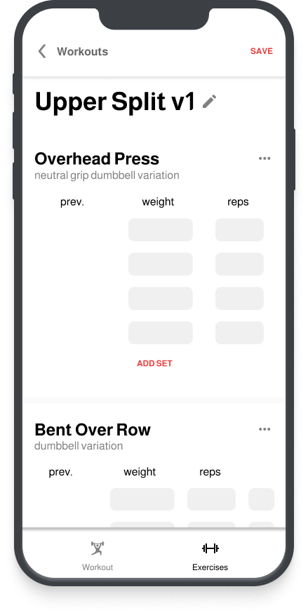 SetRep running on iPhone showing ability to edit a workout template