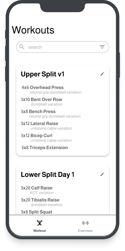 SetRep running on iPhone showing page with workout templates